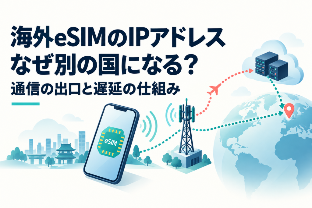 海外eSIMのスマートフォンから基地局と遠方の通信拠点へつながる経路の概念図