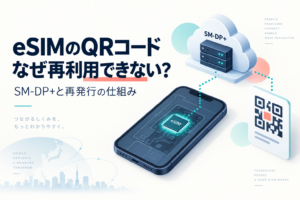 eSIMのQRコードとSM-DP+サーバー、スマートフォンの接続を描いた概念図